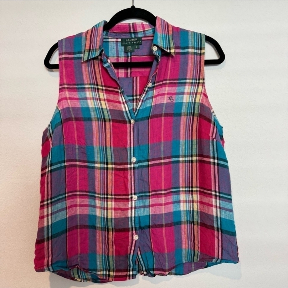 Lauren Ralph Lauren Pink Plaid Linen Sleeveless Button Up Top Size L NWOT